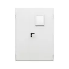 Дверь противопожарная металлическая двупольная ДПР-Олимп-02/60 (EI60) с остеклением неравнопольная торцевая коробка (1450-2075, Правая, RAL 7035)